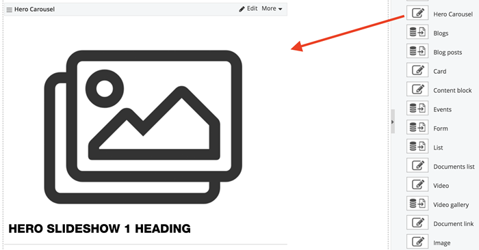 Drag the hero carousel widget from the right column onto the page
