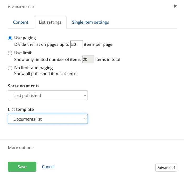 List settings for document lists widget