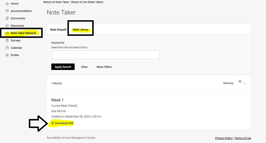 Note- Taker Network menu in Accommodate with an arrowing pointing to the Download PDF link.
