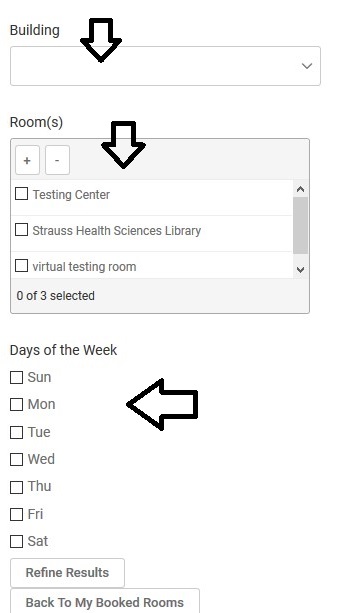 Interface with building combo box and Rooms with check boxes. There are black arrows pointing to each of these sections.