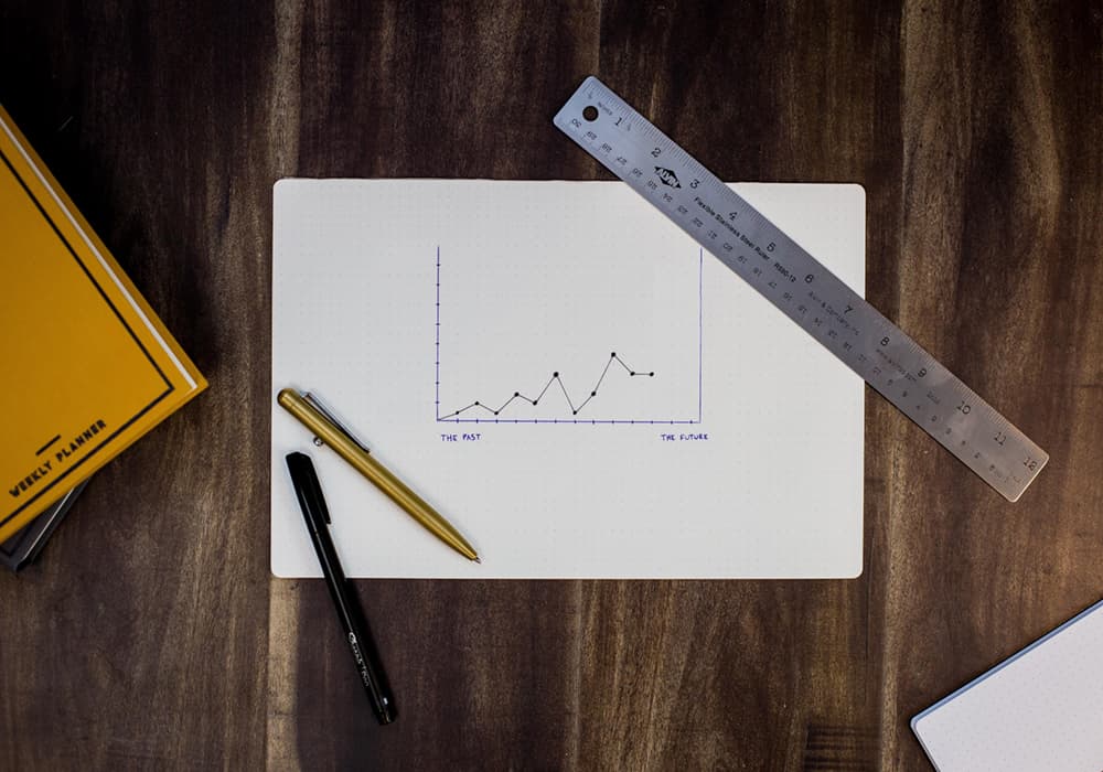 A graph on a desk with a compass and pencils