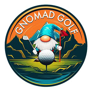 Gnomad Golf Logo. A gnome holding golf clubs with a teed up golf ball in the foreground and mountains in the background.