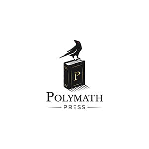 Polymath Press logo. A black crow perched atop a black book with a white 