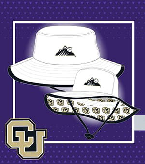 Digital rendering of a white bucket hat with the interlocking CU repeating in a pattern on the inside against a purple background.