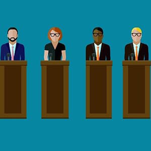 Cartoon drawing of several people at lecterns, resembling a public debate for public office candidates