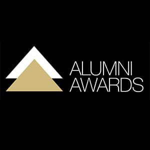 Alumni Awards triangle mark on a black background.