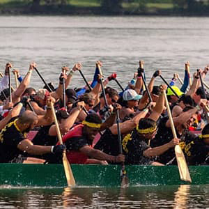 Dragon Boats filled with people enthusiastically rowing for a race.