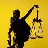 Bronze statue of woman holding weight scales with a bold yellow background