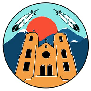 Graphic mark featuring St. Cajetan's in front of towering mountains, a sun, and two feathers in the sky.
