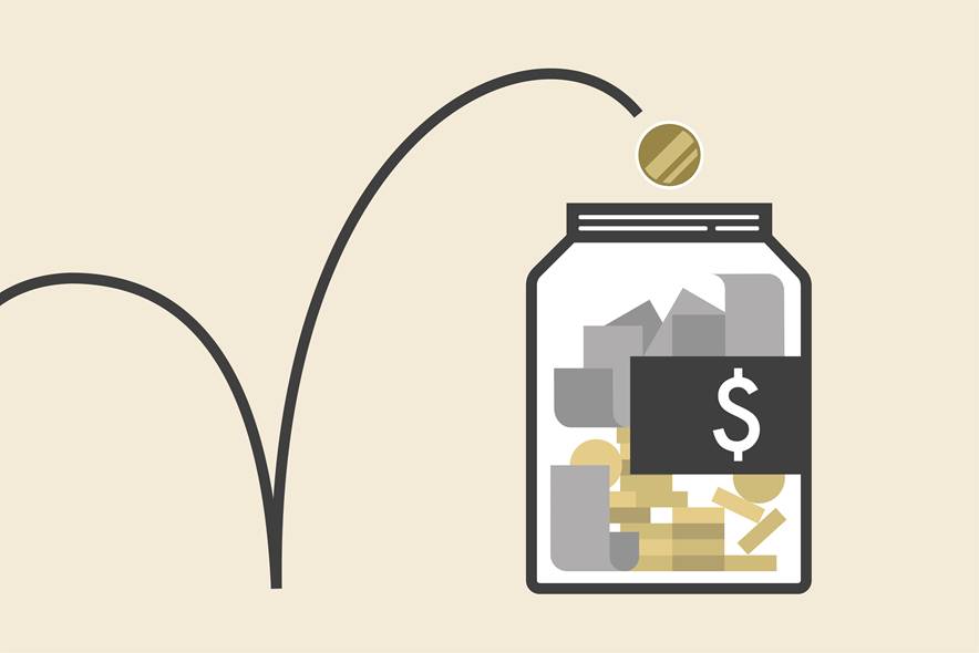 Illustration of a coin bouncing into a mason jar full of coins and dollars