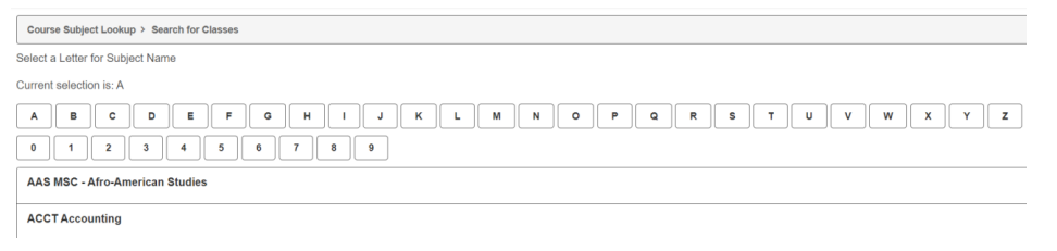 Class Search Course Subject Lookup