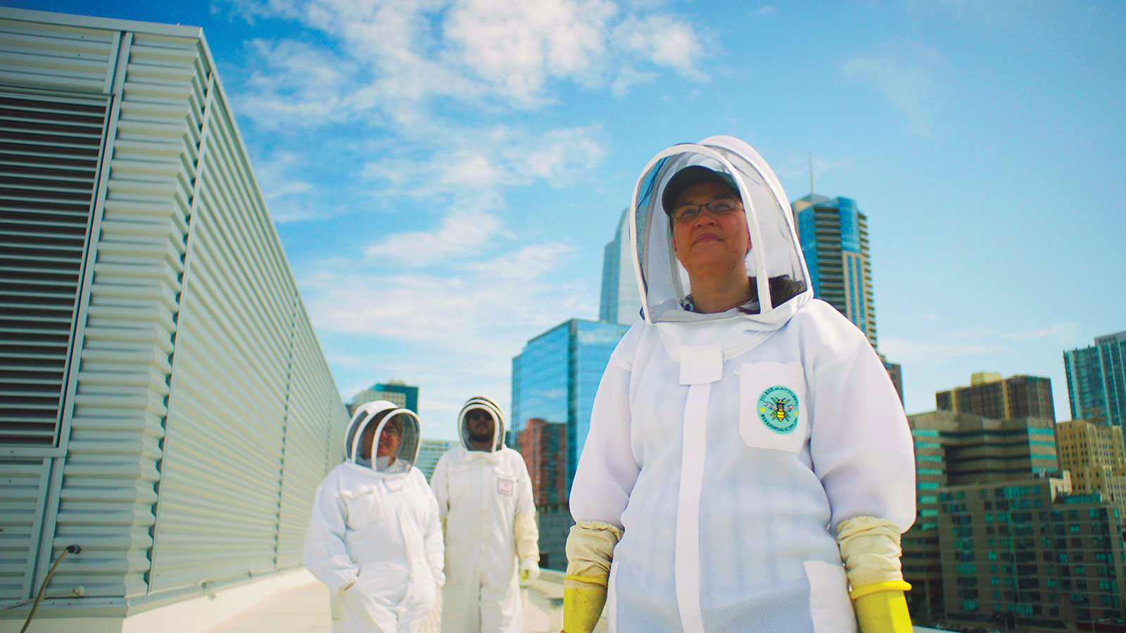 Bee keeper on building rooftop