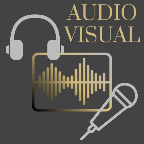 Audio Visual equipment: headphones, soundwaves, and a microphone