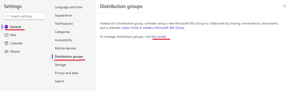 Screenshot of the main menu for distribution group settings to match the directions being given. 